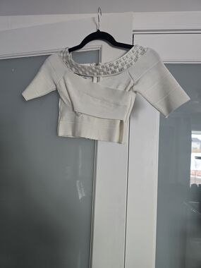 Cropped White Embellished Boatneck Top